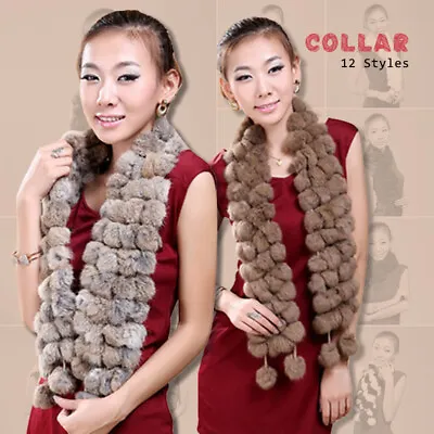 Women Winter Warm Real Rabbit Fur Scarf Pom Pom FurryShawl Scarves 12 Colors • $10.44