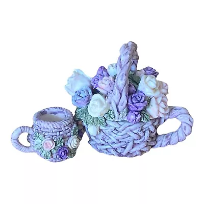 VTG Dollhouse Miniature Flower Purple Basket Teapot Tea Cup Glass Cabbage Rose • $20.99