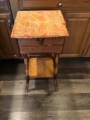 ANTIQUE Burnt Bamboo Rattan & Wood Sewing Box Plant Stand Side Table PALM BEACH • $169.90