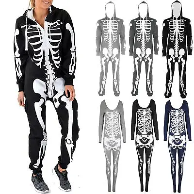Ladies Womens All In One Skeleton Hooded Horror Costume ZipUp Halloween Jumpsuit • £15.49