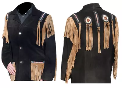 Men's Native American Cowboy Leather Jacket Fringe & Beads Western Suede Jacket • $134.99
