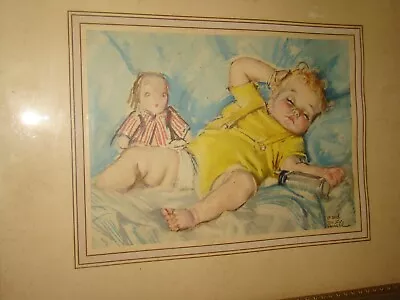 Vtg 1940s Sleeping Baby W/Doll Art Print Maud Tousey Fangel Framed • $8