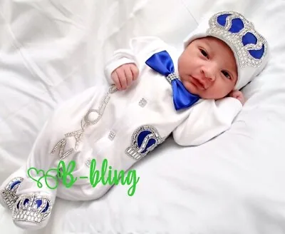 Personalized Newborn Baby Romper Sleep Suit Cap Mittens 3 Piece Homecoming Set • £46.99