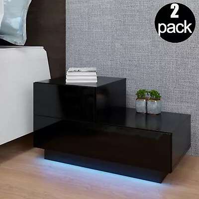 Set Of 2 LED Nightstand Bedside Table Bedroom Storage Cabinet 2 Drawer Organizer • $122.90