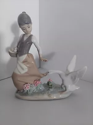 Lladro Aggressive Goose Porcelain Figurine Goose Chasing A Girl With Egg Basket • $59.99