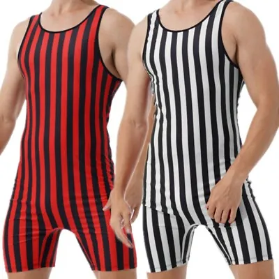 US Mens One Piece Striped Sleeveless Stretchy Leotard Bodysuit Wrestling Singlet • $7.11