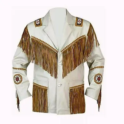 Mens Leather Jacket With Fringe & Bead Work | New Handmade Western Cowboy Jacket • $82