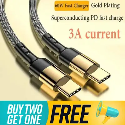 Type C To Type C Cable PD 60W Fast Charge Braided USB Lead LED 2M 3M For Samsung • £3.79