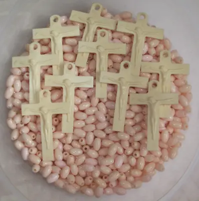Vtg Lot For 10 Plastic Rosary Making Craft Parts Pale Pink Beads Cream Crucifix • $5