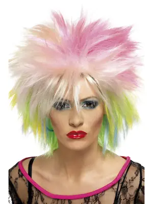 Ladies 80s Attitude Wig Multi Coloured Cutie Rock Punk Wild Child Fancy Dress • £10.99