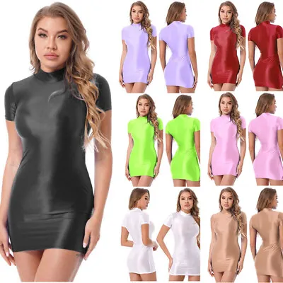 US Women Smooth Shiny Dress Glossy Body-con Micro Mini Dress Rave Party Clubwear • $7.43