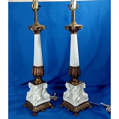 $325 • Buy Neoclassical Cast Bronze Cherub Hollywood Regency Buffet Table Lamps MCM Vtg