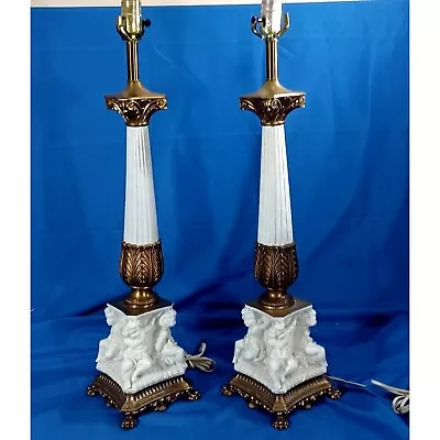 $325 • Buy Neoclassical Cast Bronze Cherub Hollywood Regency Buffet Table Lamps MCM Vtg