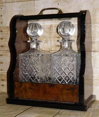 Vintage Double Burr Walnut Tantalus & Pair Of Crystal Cut Glass Decanters • $463.37