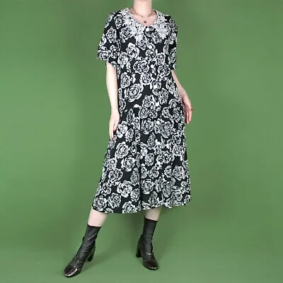 VINTAGE 90s Grunge Black Grey White Embroidered Floral Drop Waist Midi Dress 10 • £23.50
