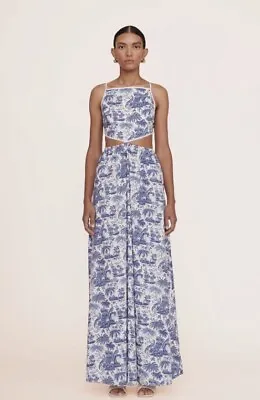 STAUD Myla  Blue Toile Maxi Dress Large Sleeveless Open Back Cotton  NWT $395 • $132