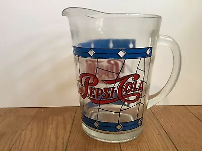 Vintage 1970s Pepsi Cola Glass Pitcher Stained Glass Design Blue And Red • $20