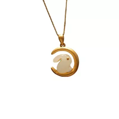 Chinese Pure Silver S925 Inlay Hetian White Jade Exquisite Moon Rabbit Pendant • $22.17