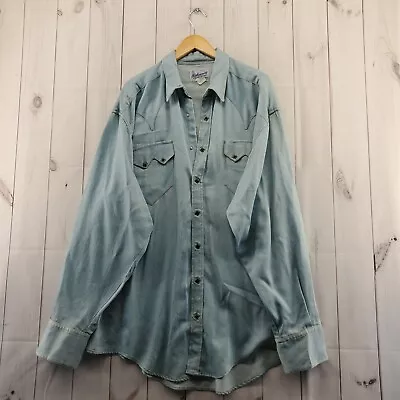 Rockmount Ranch Wear Shirt Mens XL Light Wash Denim Western Pearl Snap Vintage • $48.99