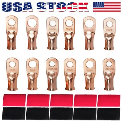 20PCS 1/0-8 AWG Gauge 3/8  Copper Lugs W/ BLACK & RED Heat Shrink Ring Terminals • $8.69