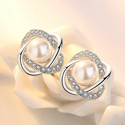 Crystal Pearl Twist Stud Earrings 925 Sterling Silver Jewellery Women Gift UK • £3.99