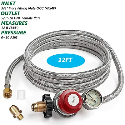12ft High Pressure Adjustable Propane LP Gas Regulator W/ Braided Hose Indicator • $33