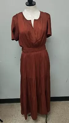 Anthropologie Rust Burnt Orange Satin Tiered Maxi Sun Dress Women's Sz M^ • $11.99