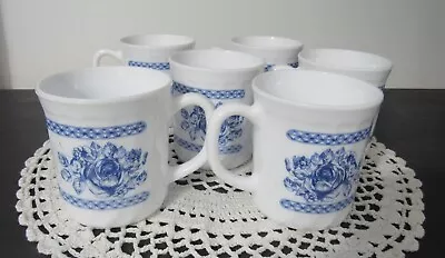$16 • Buy 6 Arcopal Honorine Cups Coffee Mugs France Blue White Farmhouse French Rose_ EUC