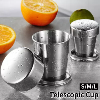 Portable Stainless Steel Folding Cup Collapsible Mug Travel Telescopic Water Cup • £5.80