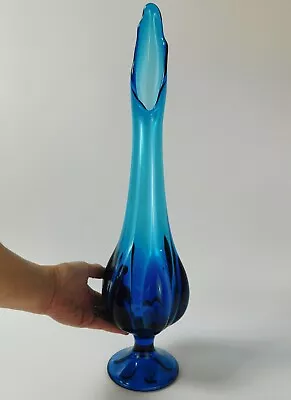 Beautiful Mid Century 19 Inch Blue Stretch Glass Swung Vase 6 Petal Base Viking • $151.99