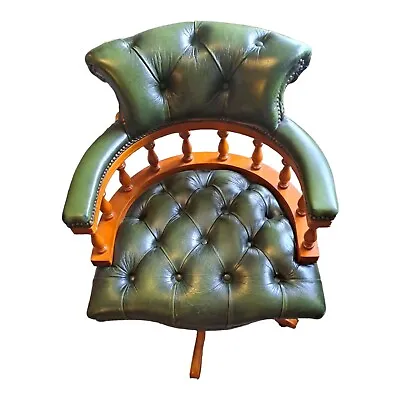 £225 • Buy Vintage Green Leather Chesterfield Style Captains Swivel Chair On Castors Office