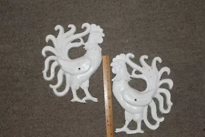 Vintage (2) White Cast Iron Roosters Wall Hanging Plaque Country Farm Decoration • $16.95