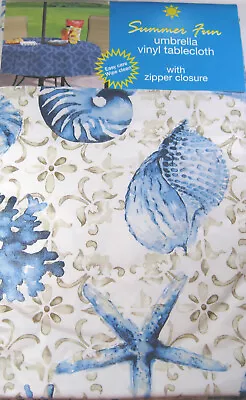 Seashells  Vinyl Tablecloths Umbrella Hole W/Zipper Nlue & White 60 X 84 Obl. • $16.99