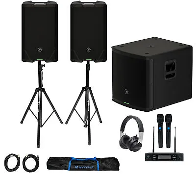 (2) Mackie SRT215 15” 1600 Watt Powered DJ PA Speakers+Stands+Sub+Headphones+Mic • $2170
