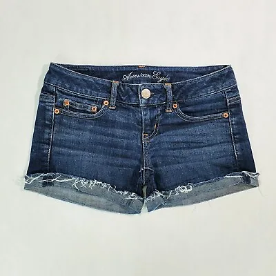 $21 • Buy American Eagle Women's Jean Shorts Cut Off AE Stretch Midi Blue Denim Sz. 0