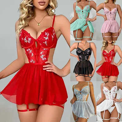 Womens Sexy Lace Nightdress Suspender Belt Thong Outfit Babydoll Lingerie Sissy • £2.49