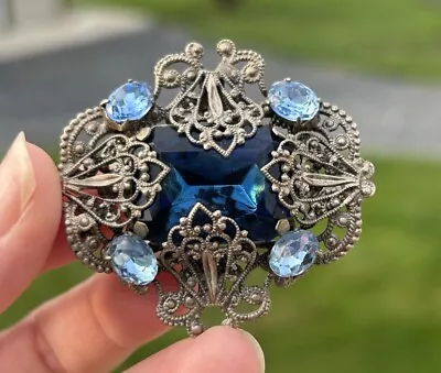 WEST GERMANY 1960’s Sapphire Blue Glass & Rhinestone Brooch Vintage Jewelry READ • $24.99