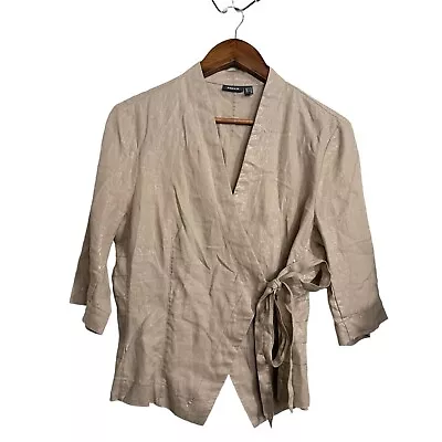 Mexx Womens Tan Metallic Weave 100% Linen Wrap Tie 3/4 Sleeve Lagenlook Blouse 8 • $24.35