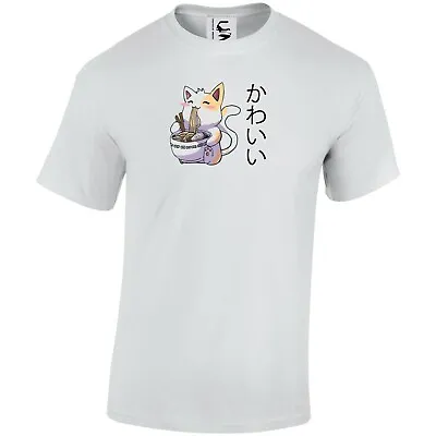 Cat Eating Noodles Anime T-shirt Japanese Writing Gift All Sizes Adults & Kids • £9.99