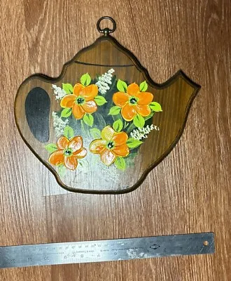 Signed Vintage Hand Painted Teapot Wood Wall Decor Plaque Granny Cottage Core • $20