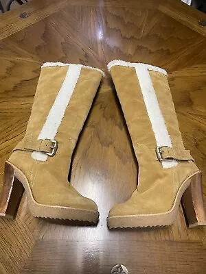 Michael Kors Carmel Suede Fleece Knee High  Wooden Block Heel Boots-size 6 • $35