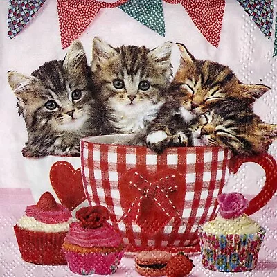 5 X Paper Cocktail Napkins/Decoupage/Craft/Dining/ Kittens In Tea Cup Cake BC206 • £1.40