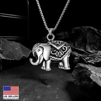 Men Stainless Steel 3D Casting Lucky Elephant Amulet Style Pendant Necklace 0295 • $6.99