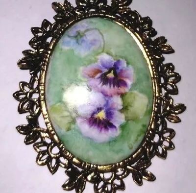 Vintage Hand Painted Porcelain Purple Pansy Floral Big Brooch Pretty Signed • $24