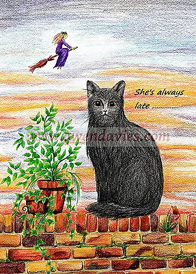 £1.95 • Buy Waiting For My Witch Halloween Samhain Card, Pagan Wiccan Cat UK Artist Birthday