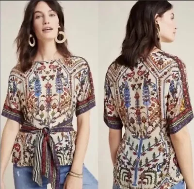 Anthropologie Vineet Bahl Floral Front Tie Blouse Embroidered Boho Women Size XS • $39.90