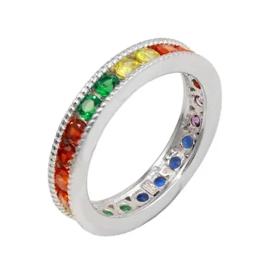 Sterling Silver Multi Color Rainbow CZ Stones Eternity Band Ring • $25.99