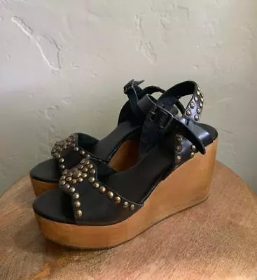 Ecoté Wood Wedge Platform Leather Brass Stud Sandals Sz 9 Urban Outfitters CUTE • $50