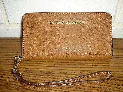 Michael Kors Jet Set Slim Tech Leather Phone IPhone Wristlet Wallet Brown New • $109.99