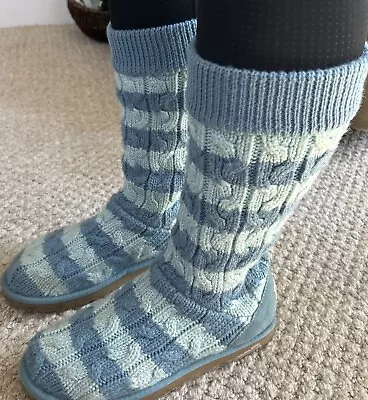 UGG Australia Boots Womens 9 Knit Striped Sweater Sock Boot 5822 Blue Fabric • $25.99